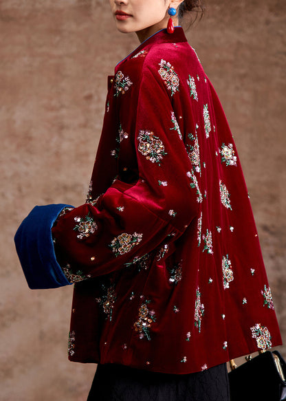 Bio-Parka-Mäntel aus rotem, besticktem Seidensamt mit Stehkragen für den Winter