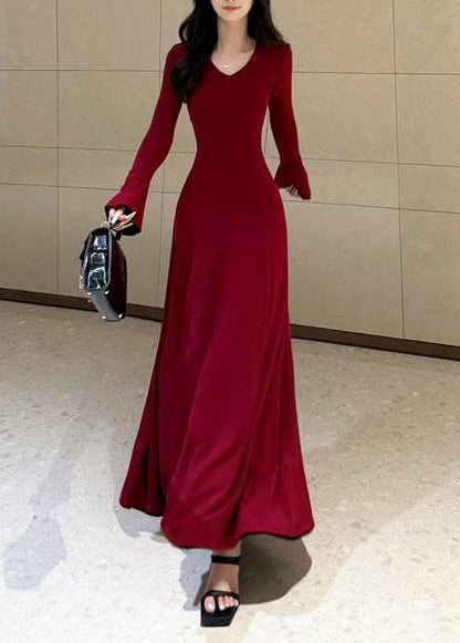 Organic Red V Neck Cotton Maxi Dresses Flare Sleeve