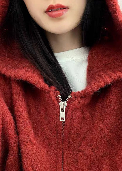 Bio Rote Kapuzenweste mit Reißverschluss Süße Herbststrickweste