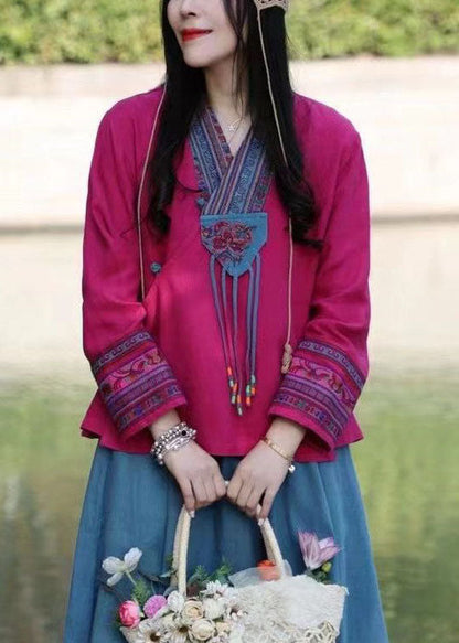 Bio-Rosen-Tuch mit V-Ausschnitt und Stickerei, Frühling