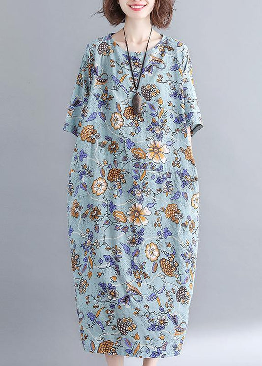 Organic Royal Blue Print O-Neck Cotton Linen Robe Dresses Summer - SooLinen