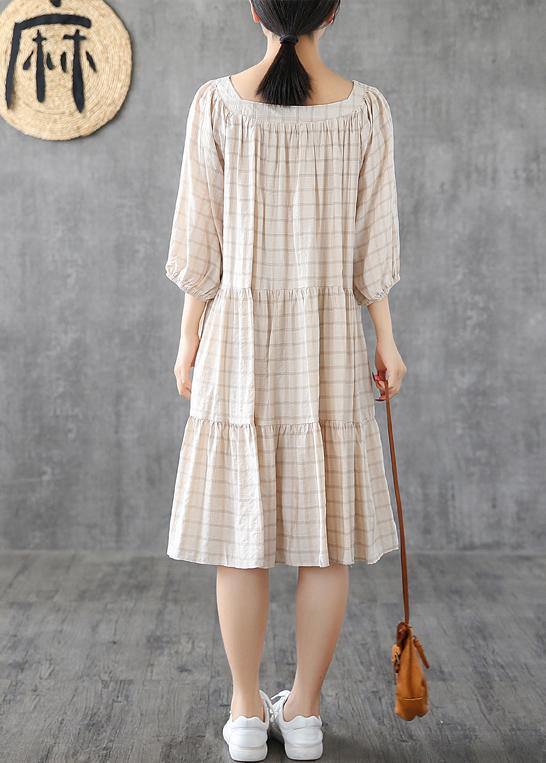 Organic Square Collar patchwork linen cotton clothes linen beige plaid Dresses - SooLinen