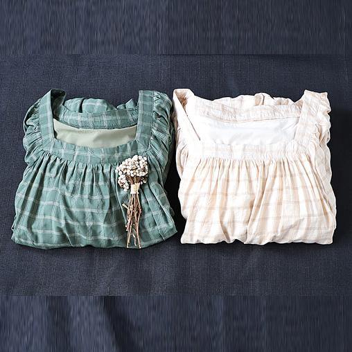 Organic Square Collar patchwork linen cotton clothes linen beige plaid Dresses - SooLinen