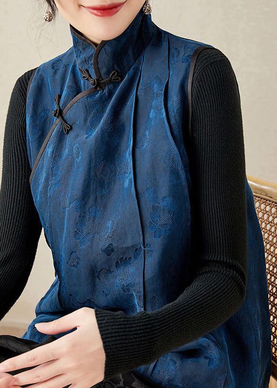 Bio-Stehkragen, bestickte Blumenknopf-Seidenweste, Frühling