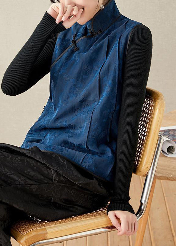 Bio-Stehkragen, bestickte Blumenknopf-Seidenweste, Frühling