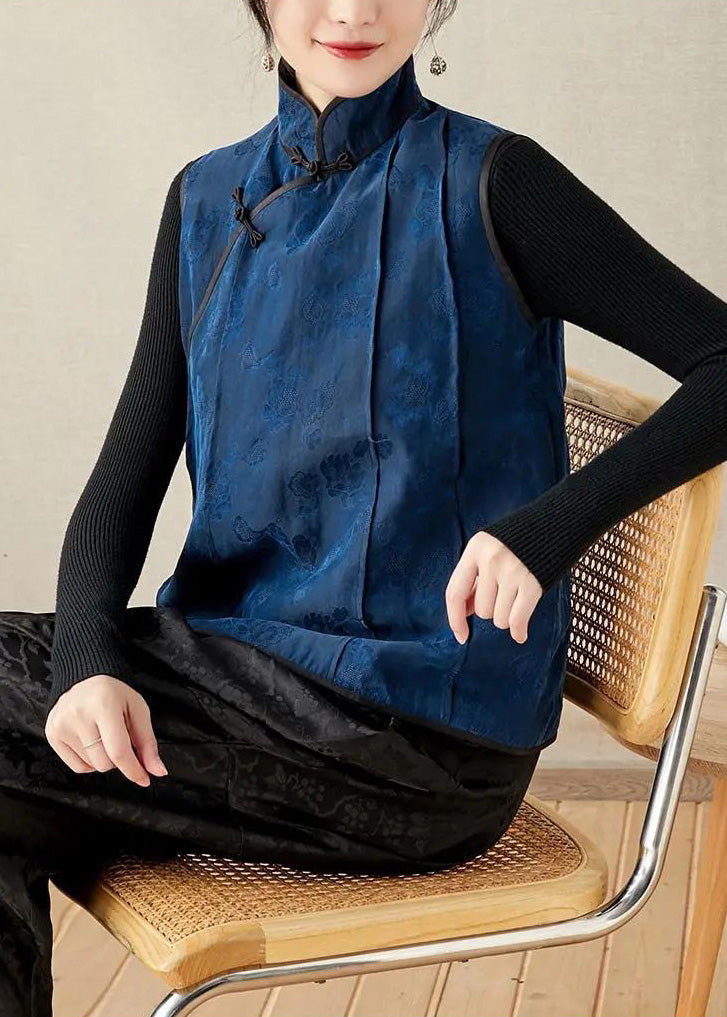 Bio-Stehkragen, bestickte Blumenknopf-Seidenweste, Frühling