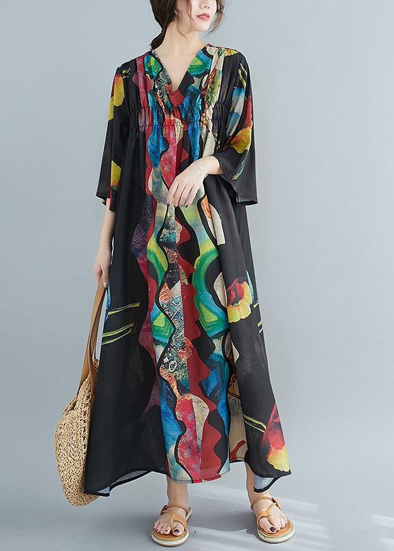 Organic V Neck Cinched Spring Tunics Print Plus Size Dresses - SooLinen