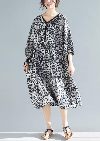 Organic V Neck Half Sleeve Lnspiration Gray Leopard A Line Dresses - SooLinen