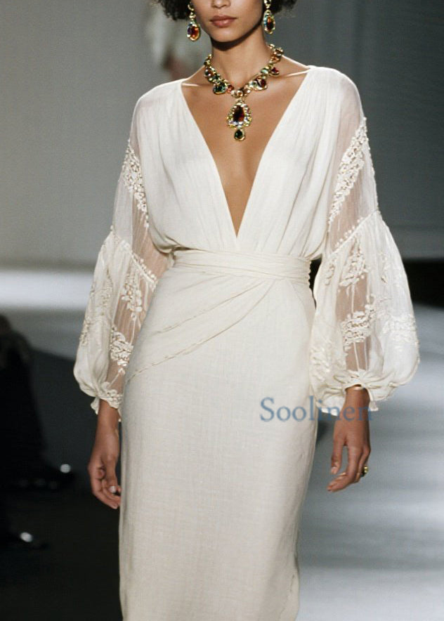 Vestido de algodón orgánico con cuello en V y patchwork de encaje para primavera