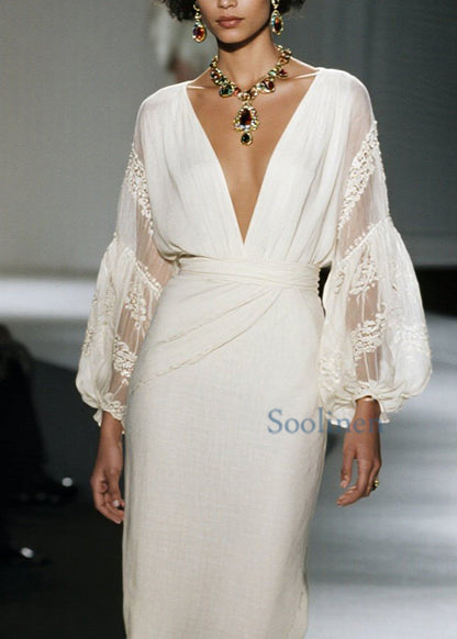 Vestido de algodón orgánico con cuello en V y patchwork de encaje para primavera