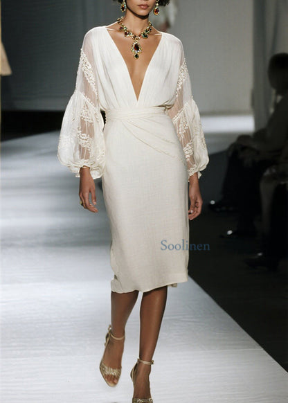 Vestido de algodón orgánico con cuello en V y patchwork de encaje para primavera