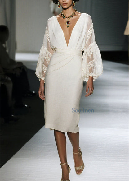 Vestido de algodón orgánico con cuello en V y patchwork de encaje para primavera