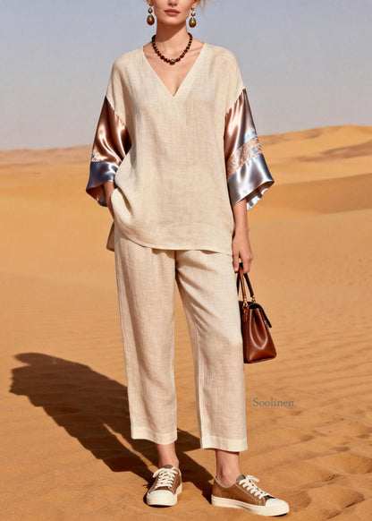 Organic V Neck Patchwork Linen Silk Two Pieces Set Summer