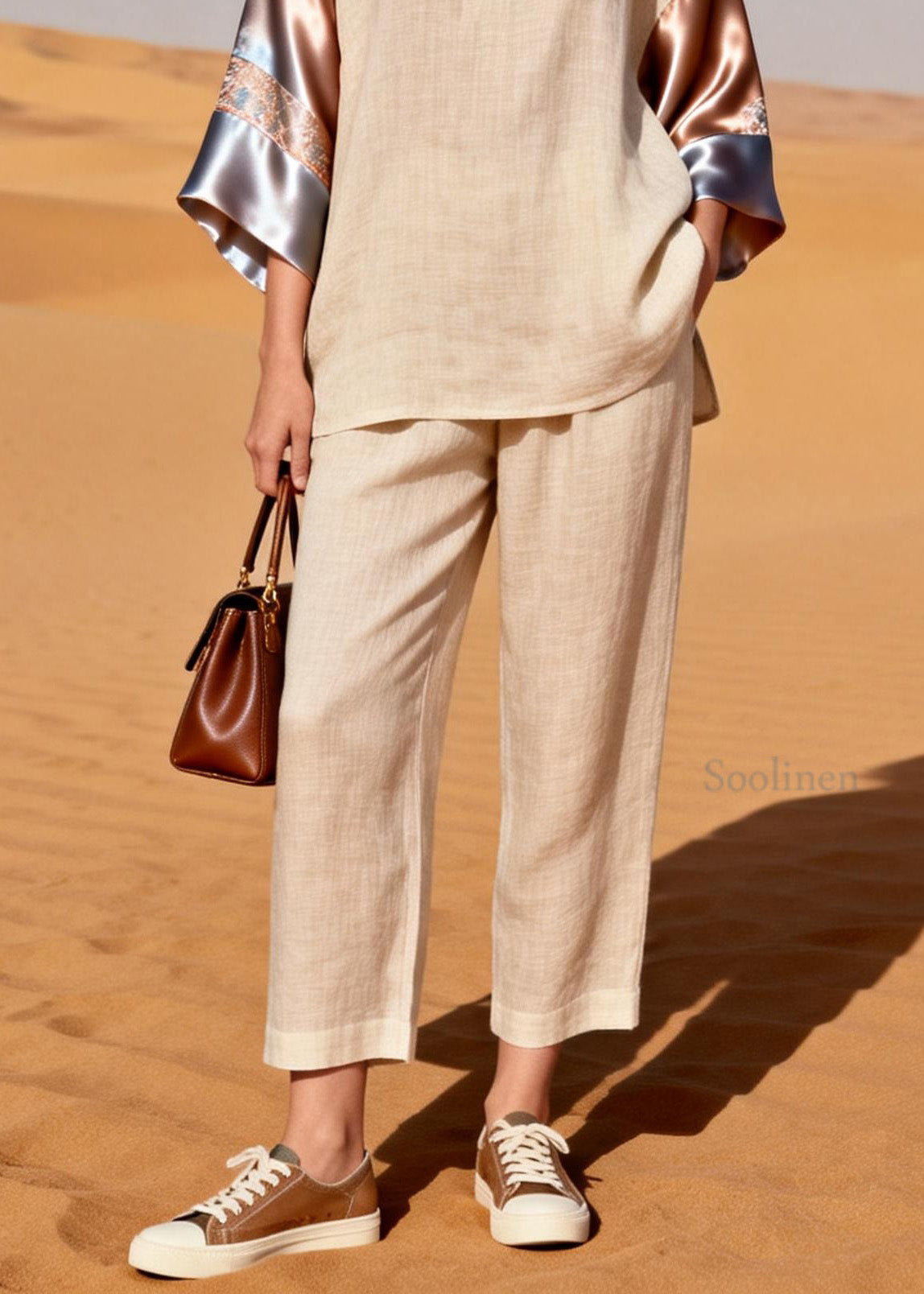 Organic V Neck Patchwork Linen Silk Two Pieces Set Summer