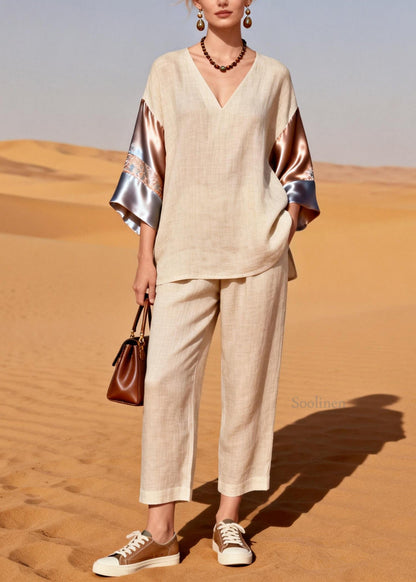 Organic V Neck Patchwork Linen Silk Two Pieces Set Summer