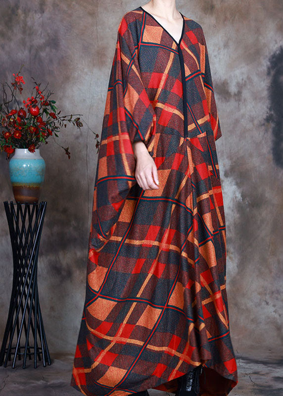 Bio-V-Ausschnitt-Print Kariertes Urlaubskleid Frühling