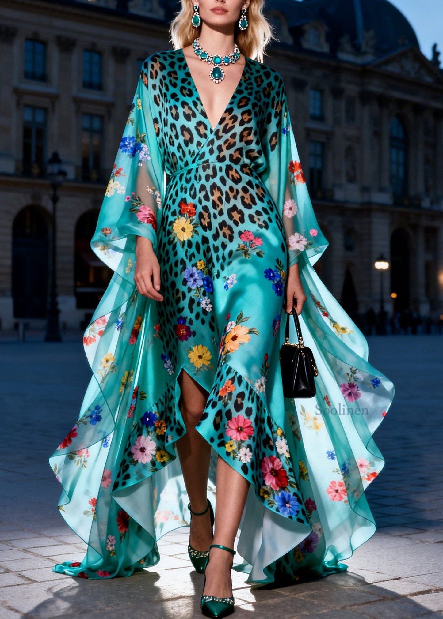 Organic V Neck Ruffled Print Patchwork Silk Maxi Dresses Summer