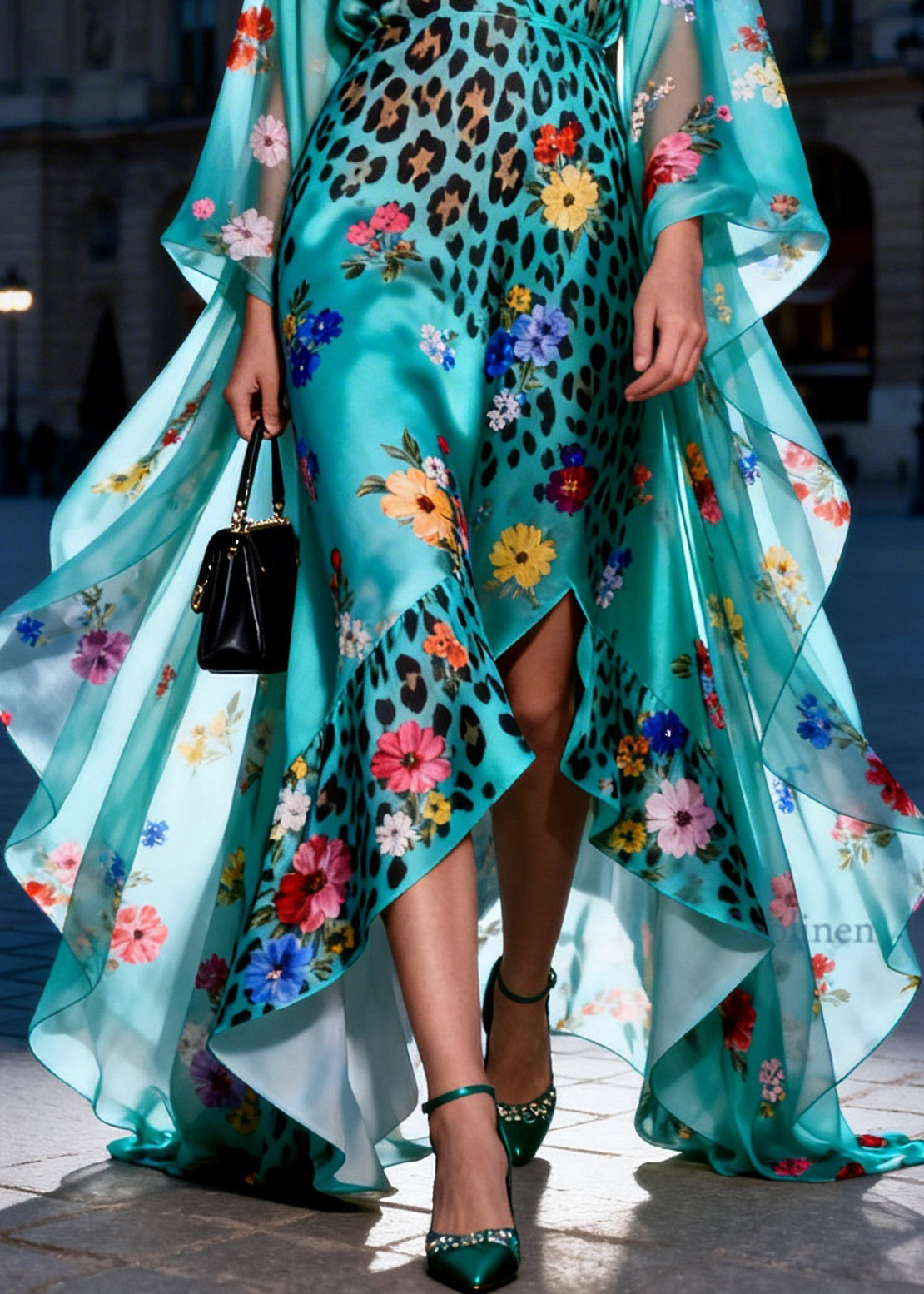 Organic V Neck Ruffled Print Patchwork Silk Maxi Dresses Summer