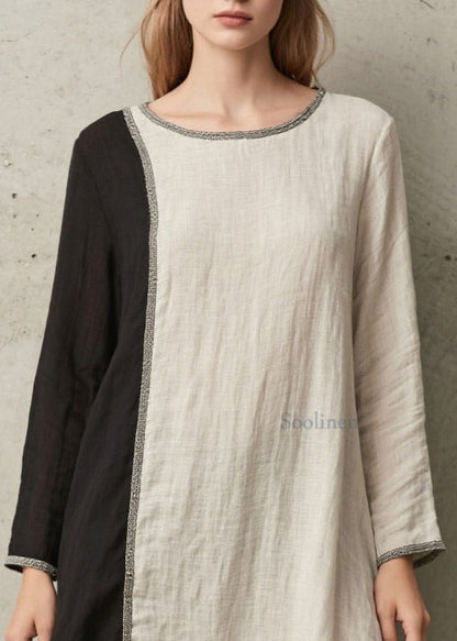 Langes, weißes Bio-Baumwollkleid mit asymmetrischem Patchwork-Muster für den Frühling