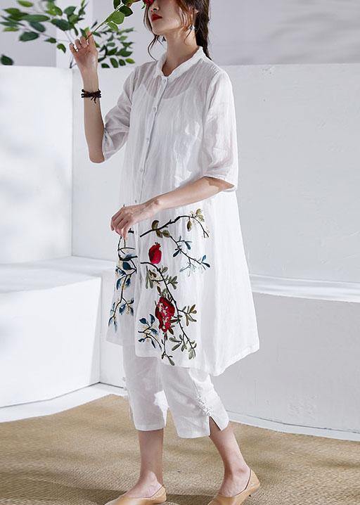 Organic White Button Embroideried Summer Ramie Loose Coat Half Sleeve - SooLinen
