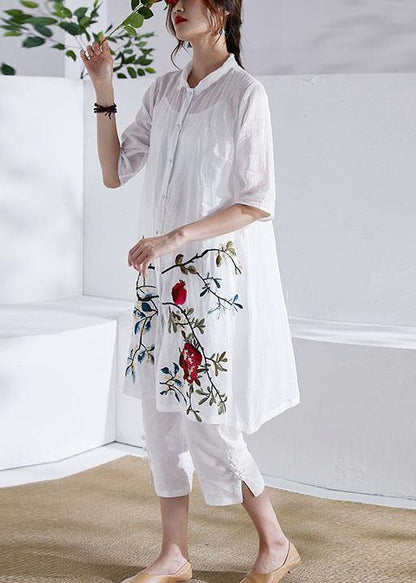 Organic White Button Embroideried Summer Ramie Loose Coat Half Sleeve - SooLinen