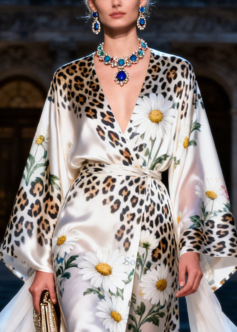 Organic White Daisy Leopard Low High Design Silk Dress Summer