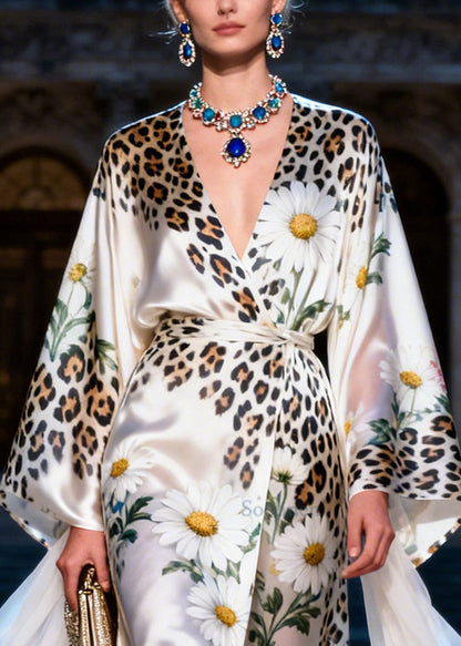 Organic White Daisy Leopard Low High Design Silk Dress Summer