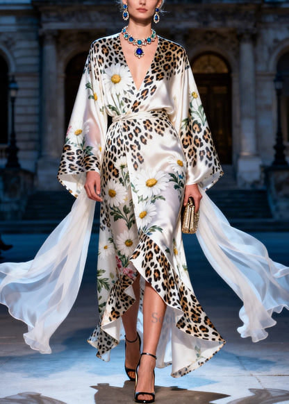 Organic White Daisy Leopard Low High Design Silk Dress Summer