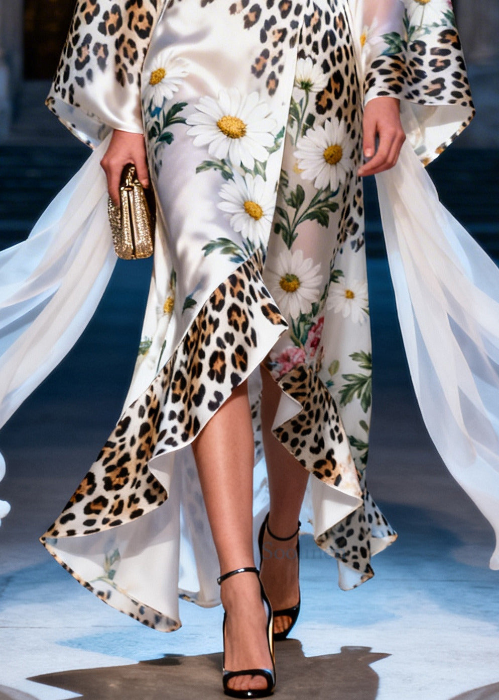 Organic White Daisy Leopard Low High Design Silk Dress Summer