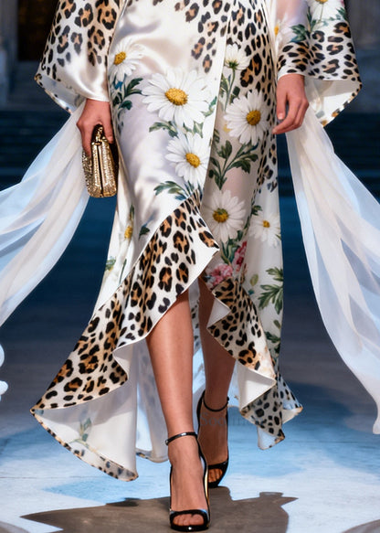 Organic White Daisy Leopard Low High Design Silk Dress Summer