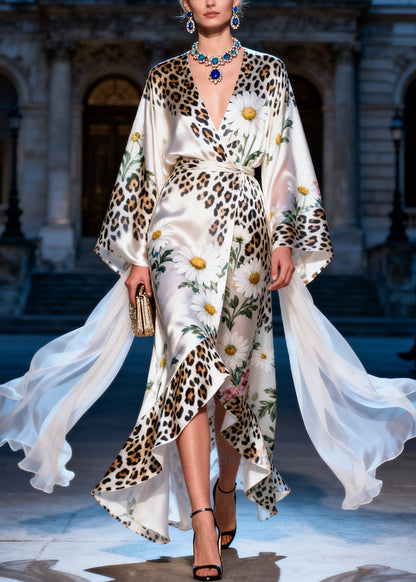 Organic White Daisy Leopard Low High Design Silk Dress Summer