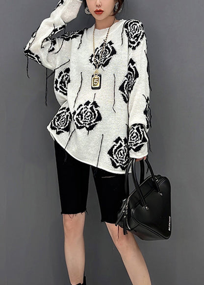 Bio-Strickpullover mit Rundhalsausschnitt und Print, Weiß, Herbst