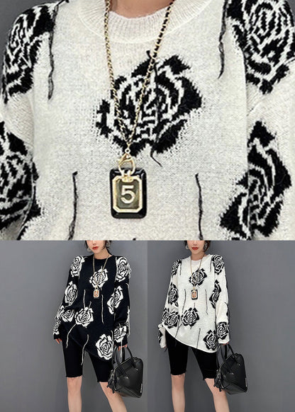 Bio-Strickpullover mit Rundhalsausschnitt und Print, Weiß, Herbst