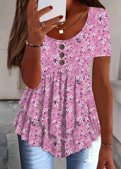 Organic White O-Neck Print Wrinkled Top Summer