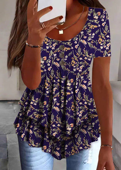 Organic White O-Neck Print Wrinkled Top Summer