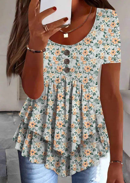 Organic White O-Neck Print Wrinkled Top Summer