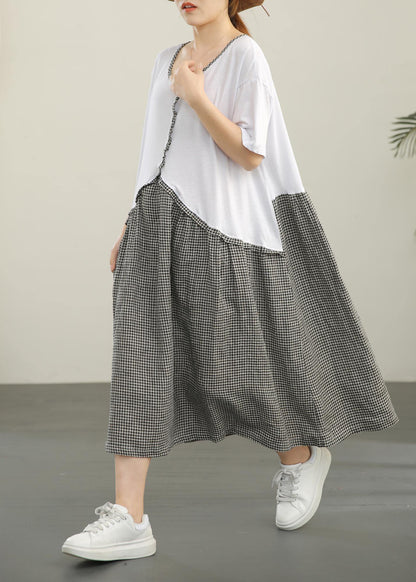 Organic White Patchwork Plaid Cotton Linen Holiday Dress Summer - SooLinen