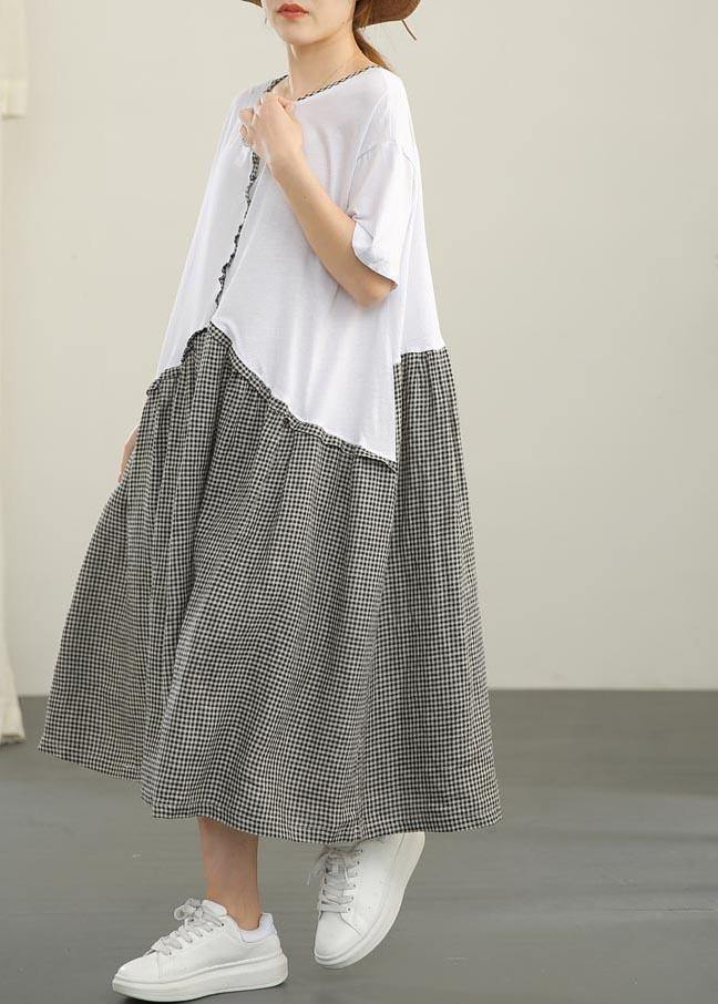 Organic White Patchwork Plaid Cotton Linen Holiday Dress Summer - SooLinen
