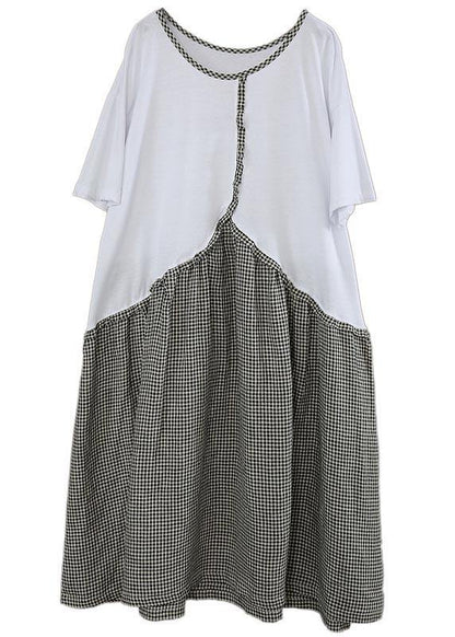 Organic White Patchwork Plaid Cotton Linen Holiday Dress Summer - SooLinen