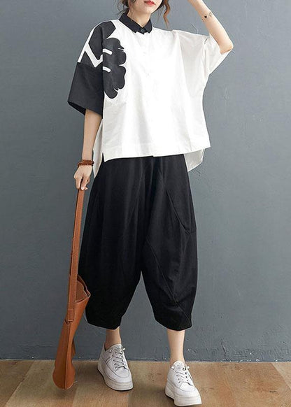 Organic White Print Black Harem Two Pieces Set Summer Cotton Linen - SooLinen