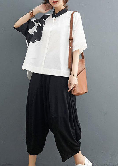 Organic White Print Black Harem Two Pieces Set Summer Cotton Linen - SooLinen