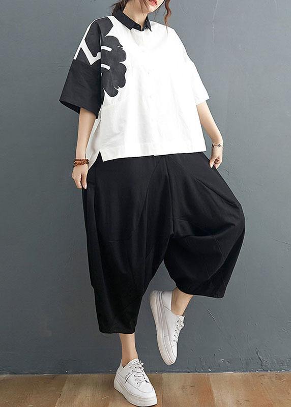 Organic White Print Black Harem Two Pieces Set Summer Cotton Linen - SooLinen