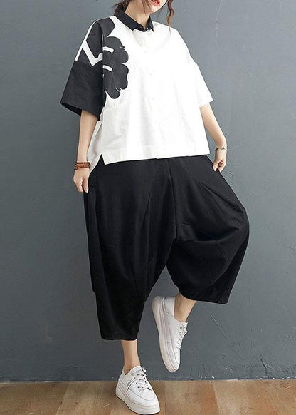 Organic White Print Black Harem Two Pieces Set Summer Cotton Linen - SooLinen