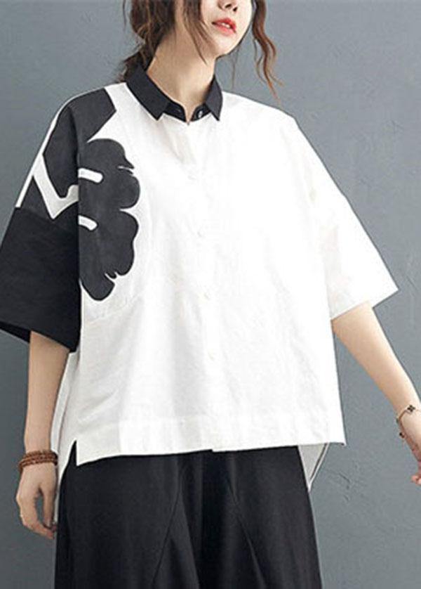 Organic White Print Black Harem Two Pieces Set Summer Cotton Linen - SooLinen