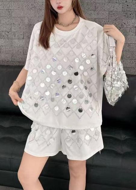 Organic White Sequins Cotton Two Piece Set Women Clothing Summer