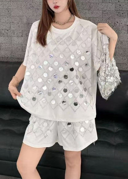 Organic White Sequins Cotton Two Piece Set Women Clothing Summer