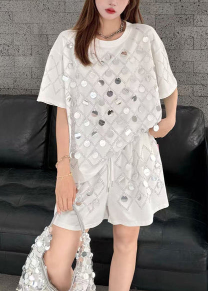 Organic White Sequins Cotton Two Piece Set Women Clothing Summer