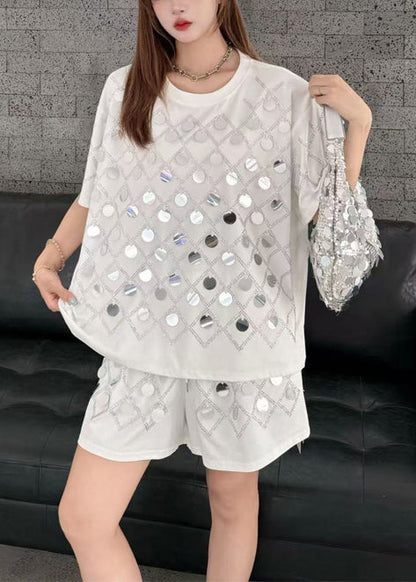 Organic White Sequins Cotton Two Piece Set Women Clothing Summer