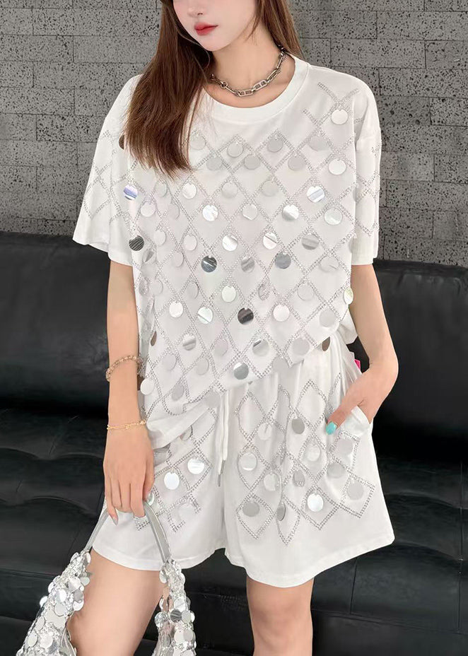 Organic White Sequins Cotton Two Piece Set Women Clothing Summer