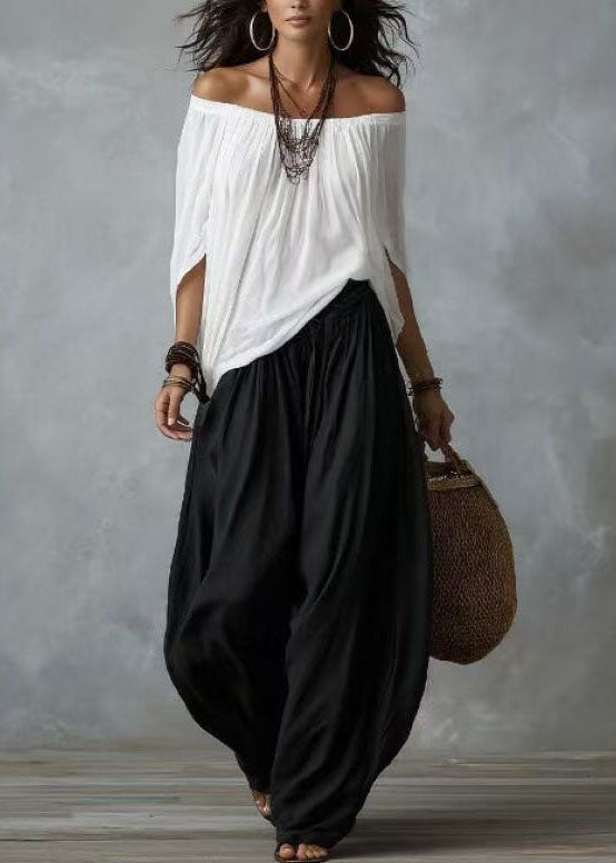 Organic White Slash Neck Top And Harem Pants Two Pieces Set Batwing Sleeve